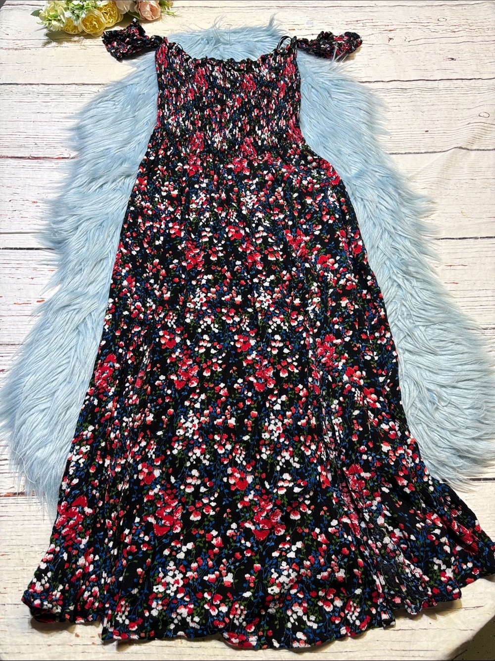 Lulu's View From The Meadow Black Floral Print Off The Shoulder Dress sz S